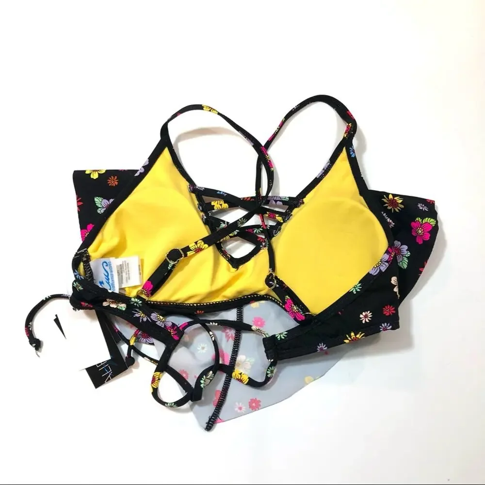 California Waves Floral Flounce Bikini Swim Top